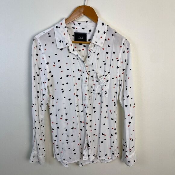 Rails Rosci Heart Print Button Down Collared Shirt S Girlie Romantic Soft Rayon - Picture 2 of 7